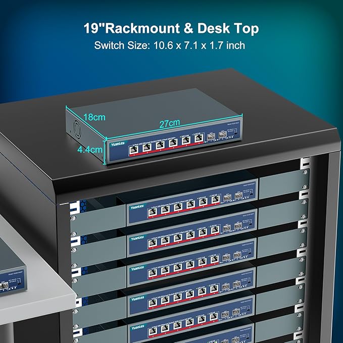 YuanLey 8-Port 10G Ethernet Switch, 6 x 10Gbps RJ45 Ports, 2X 10Gbe SFP+ Ports, Support 10G/5G/2.5G/1G/100Mbps Speed Auto-Negotiation, 160Gbps Switching Capacity, Unmanaged Switch Rackmountable