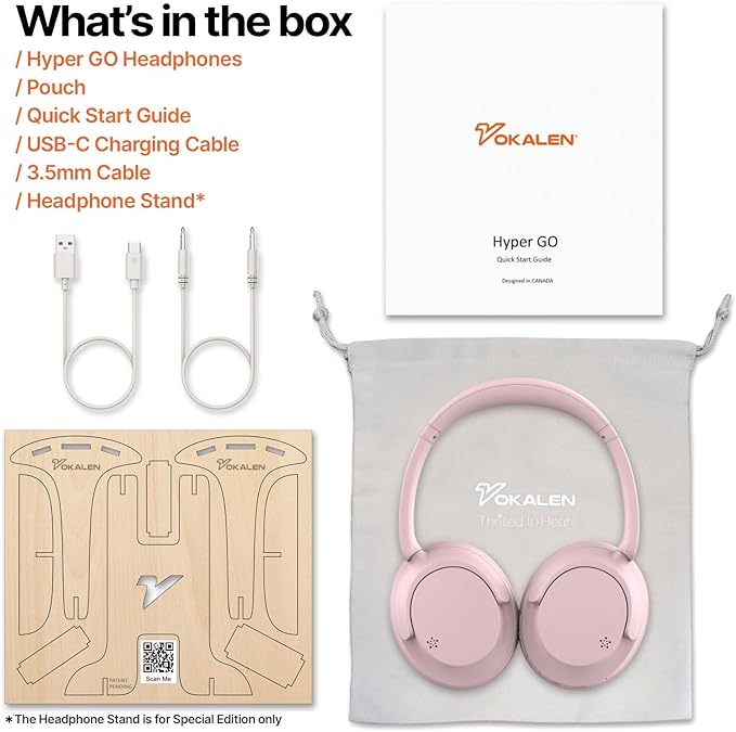 VOKALEN Hyper GO Wireless Over-Ear Noise Cancelling Headphones with Mic, 60H Playtime, Bluetooth Headset, Multi-Device Pairing, Ultra-Lightweight for Travel, Work, Study (Pink)