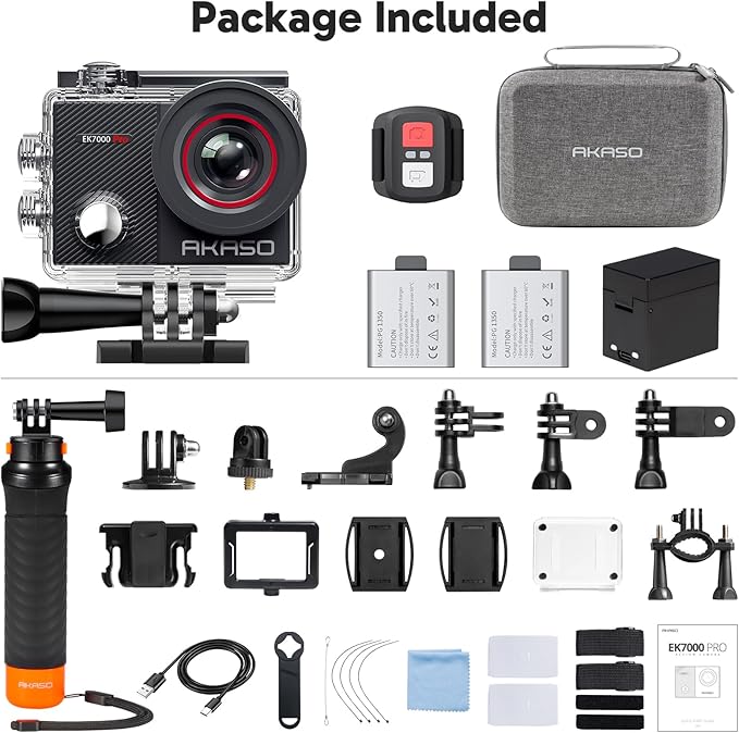 AKASO EK7000 Pro 4K30 Action Camera with Touch Screen EIS 131FT Waterproof Underwater Camera 5X Zoom Remote Control with Waterproof Floating Hand Grip Bundle and Carrying Case Accessories Kit Bundle