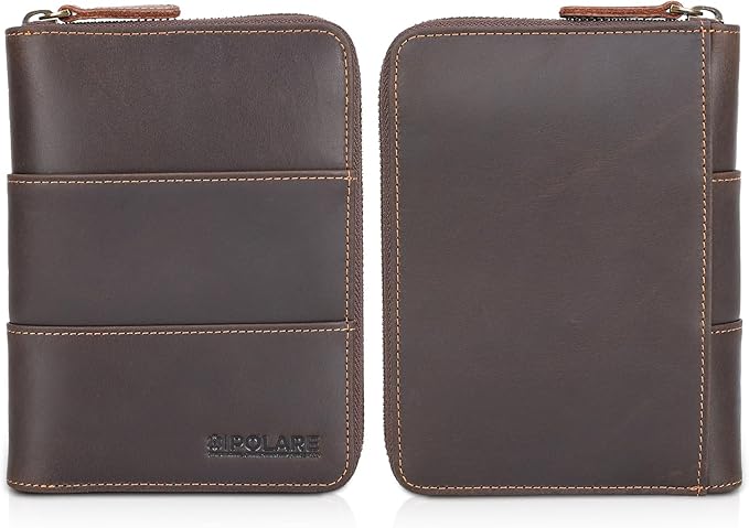 Polare Full Grain Leather Travel Passport Wallet with YKK Zipper and RFID Blocking Document Organizer Holder 2 Passports (Dark Brown with AirTag Slot)