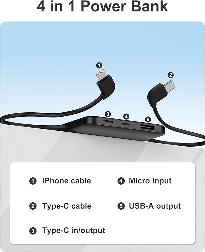 10000mAh Slim Portable Charger with Built in Cable, Power Bank Travel Charger External Battery Pack for Phone, 4 Output USB Type C Cord Clutch Charger Compatible with iPhone, 2 Pack Black & White