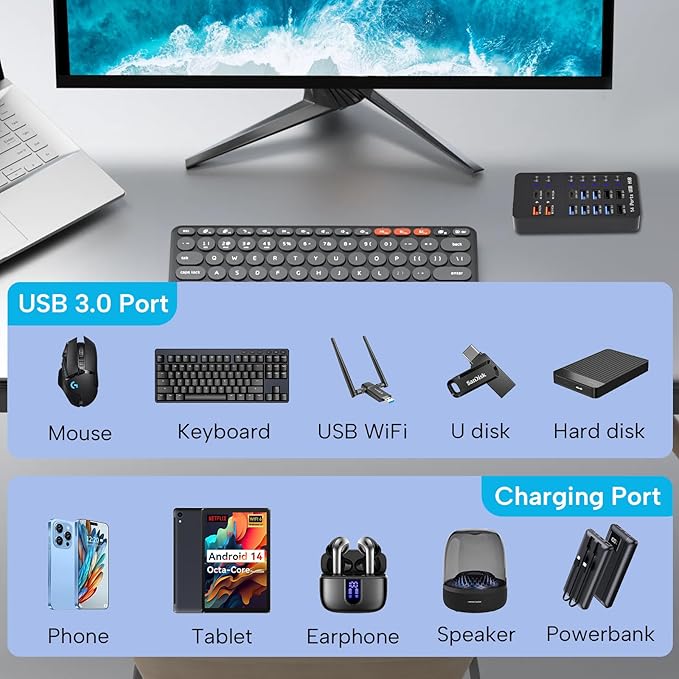 Powered USB Hub, 14 Ports USB Splitter Hub (10 Faster Data Transfer Ports+ 4 Smart USB Charging Port) USB Hub with LED Individual On/Off Switches for PC, Laptop, Desktop