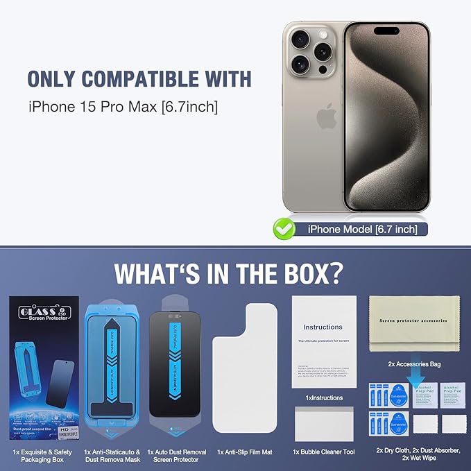 2-Pack Matte Privacy Screen Protector for iPhone 15 Pro Max, Anti-Glare Display Filter, No Bubbles, High Definition Clear, Easy Installation