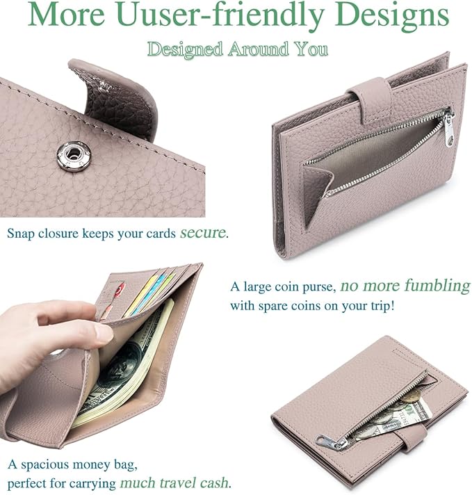 RFID Blocking Passport Holder for Travel Women – Leather Passport Holder with Card Slots, Coin Wallet & SIM Slot – Slim Genuine Leather Travel Organizer – Mauve Pink