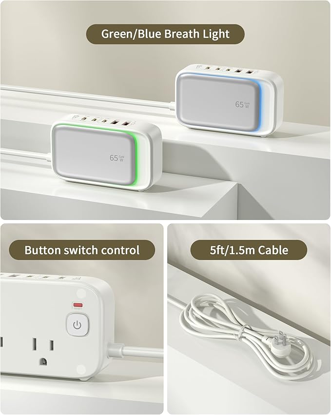 Power Strip with USB C Ports,65W USB Charging Station,Travel Extension Cord Fast Charging Hub for Cell Phones, Tablets, Laptops, and More