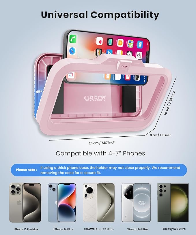 URROY Shower Phone Holder Waterproof One-Touch Open Shower Phone Case Anti-Fog & Sensitive Touchscreen Bathroom Wall Phone Mount Stand Universal Fit for iPhone & Smartphones Gift for Men Women Pink