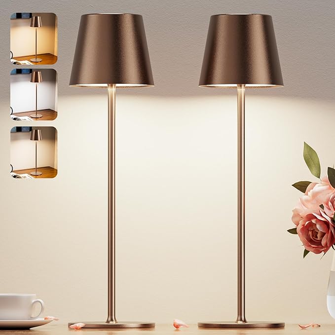 Cordless Table Lamp Rechargeable Brown - KK 2 Pack 5000mAH Battery Operated Lamp for Counter, 3 Color Stepless Dimming Wireless Lamp for Dining Table, Kitchen Counter, Outdoor Patio, Touch Control