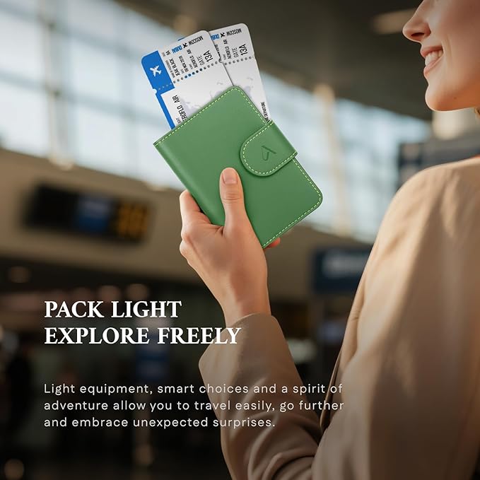 ALLIVE Rfid Passport Holder for Travel, Women, Rfid Passport Cover Wallet, Genuine Leather Passport Holder for Travel with AirTag Hidden, Airport Essentials, Travel Gifts (Avocado Green)