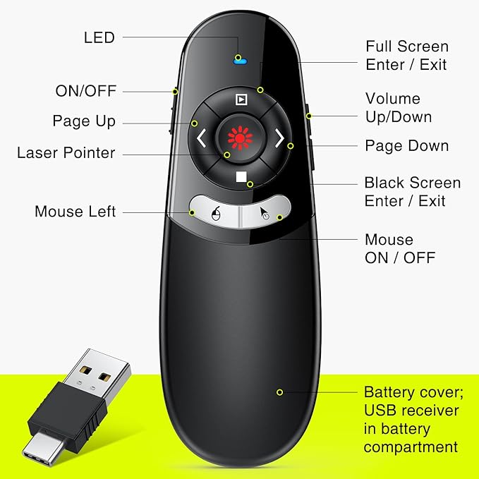 2 in 1 USB Type C Presentation Clicker Air Mouse with Red Light Pointer, Wireless Presenter for PowerPoint Presentation PPT Clicker, 2.4GHz Presenter Remote Slide Advancer for MacBook/Computer/Laptop