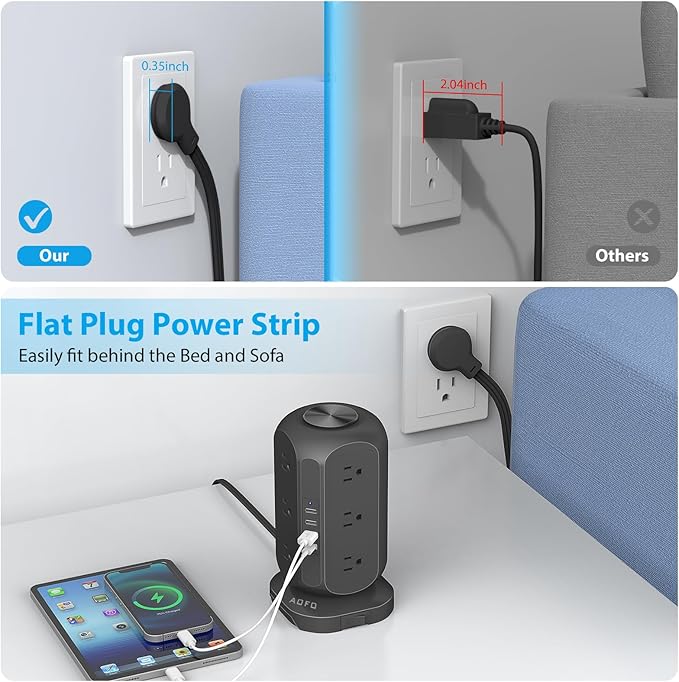 Power Strip Tower AOFO Surge Protector 12 AC Outlets with 4 USB(1 USB C) Ports Charging Station with Overload Protection, Widely Spaced Multiple Outlets with 10Ft Extension Cord for Home,Dorm & Office
