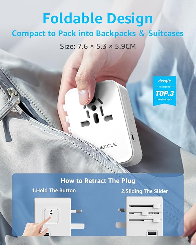 Universal Travel Adapter, International Travel Plug Adapter with 3 USB-C & 2 USB-A Ports(Total 30W), All in One Portable Adaptor, for USA, UK, EU, AU & 224+ Countries (White)