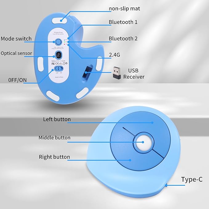 Wireless Mouse Ergonomic Vertical Mouse with Bluetooth & 2.4GHz USB Receiver 3 Buttons Rechargeable Silent Portable Optical USB Cordless Mice for Laptop PC Desktop Tablet Kids Adults Gifts (Blue)