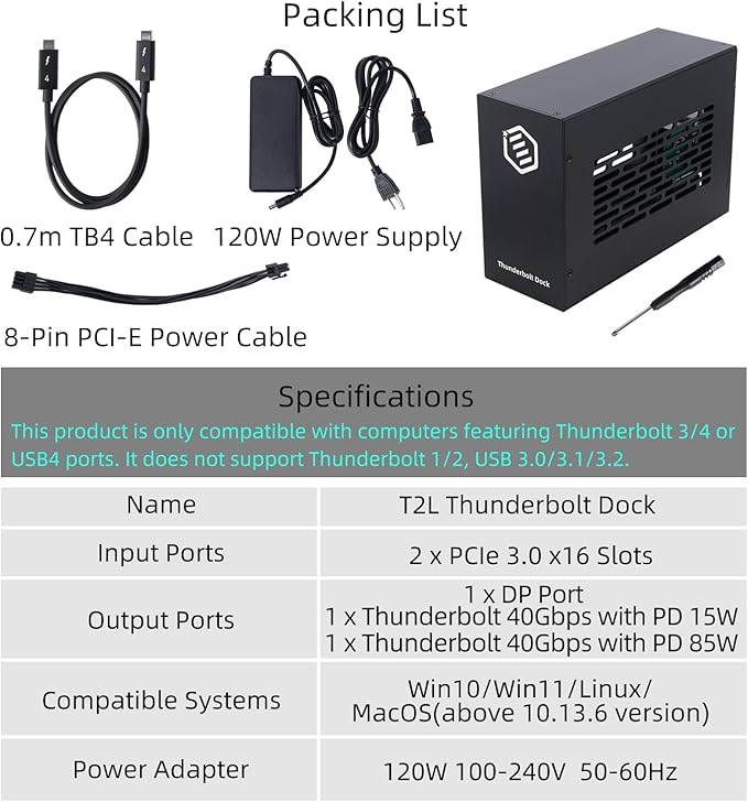 Thunderbolt 3/4 USB4 PCIe Expansion Chassis, External Enclosure with Two PCI Express Slot Compatible with Decklink Capture Card, for Laptops / NUC PD 85W Recharging (MK-T2L)