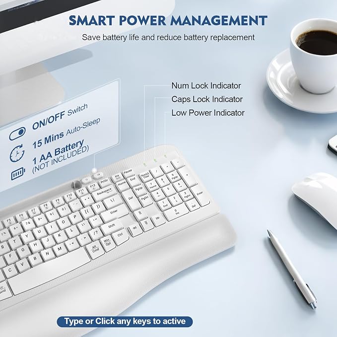 Ergonomic Wireless Keyboard with Cushioned Wrist Rest, Wave Keys, Phone Holder, Comfortable Natural Typing, 2.4GHz Full Size Cordless USB Computer Keyboard for Laptop, Mac, Windows (White)