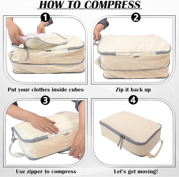 Extra Large Compression Packing Cubes for Travel Essentials, 2 Set Expandable Travel Cubes for Packing Compression Bags Luggage Suitcase Organizer, Cream