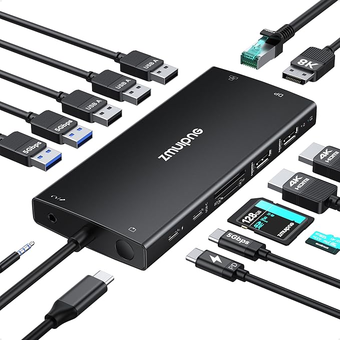 USB C Hub USB C Docking Station Dual Monitor 4K@60Hz+DP 8K@30Hz for Dell HP, Laptop Docking Station 3 Monitors 15 in 1 USBC Dongle Multiport Adapter with USB A Port+Button+PD+Ethernet+SD/TF+Audio