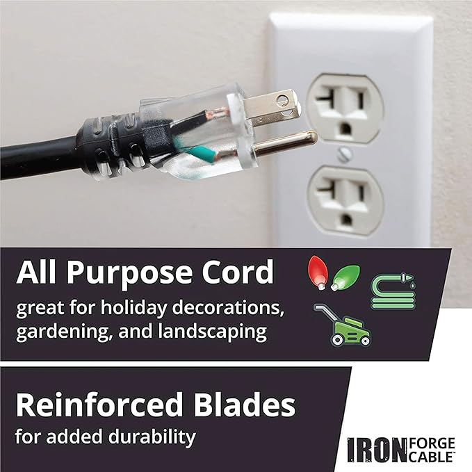 Iron Forge Cable 12 Gauge Outdoor Extension Cord 6 Ft, SJTW 12/3 Heavy Duty Extension Cord 3 Prong, Flame Retardant Black Electric Cable - Lighted End