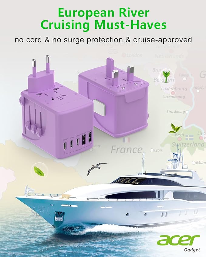 Acer Universal Travel Plug Adapter - International Power Adapter with 5 USB Ports (3 USB C) 5.8A, Worldwide Outlet Charger for USA to European UK France Germany Spain, Type C/E/F/G/I/L/A, Purple