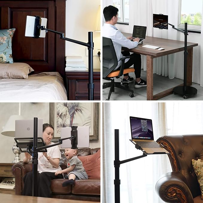 Dual Arm Height Adjustable Stand Mount with Rolling Wheel for Laptop 11-17 inch and Compatible with ipad,iPad mini.ipad pro 12.9 inch,Tablet,Ereader (Black 4 Legs)