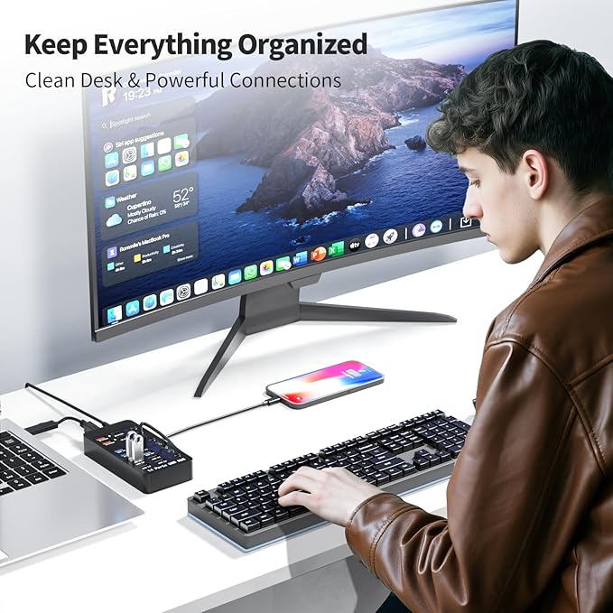 Powered USB Hub, 14 Ports USB Splitter with Individual Power On/Off Switches, 60W Power Adapter for Mac, PC, and More