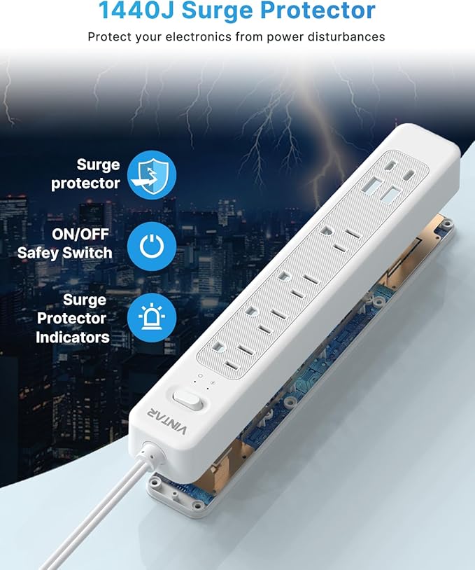 VINTAR 2 Prong Power Strip, 2 Prong to 3 Prong Outlet Adapter, 6ft Extension Cord with 4 Outlets & 4 USB(2 USB-C), 1440J Flat Plug Two Prong Surge Protector, Wall Mountable Ideal for Old House