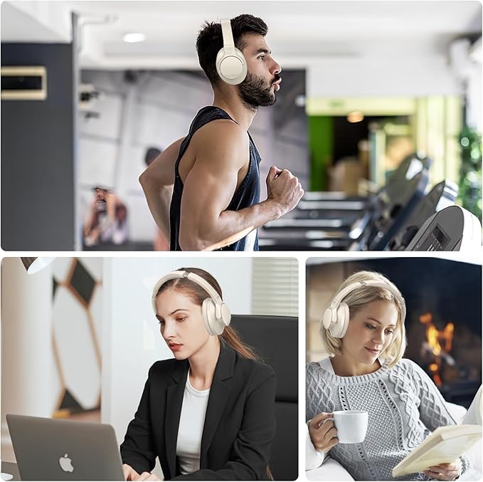 ZIHNIC Active Noise Cancelling Headphones, 60H Playtime Wireless Bluetooth Headset Low Latency-Milky White