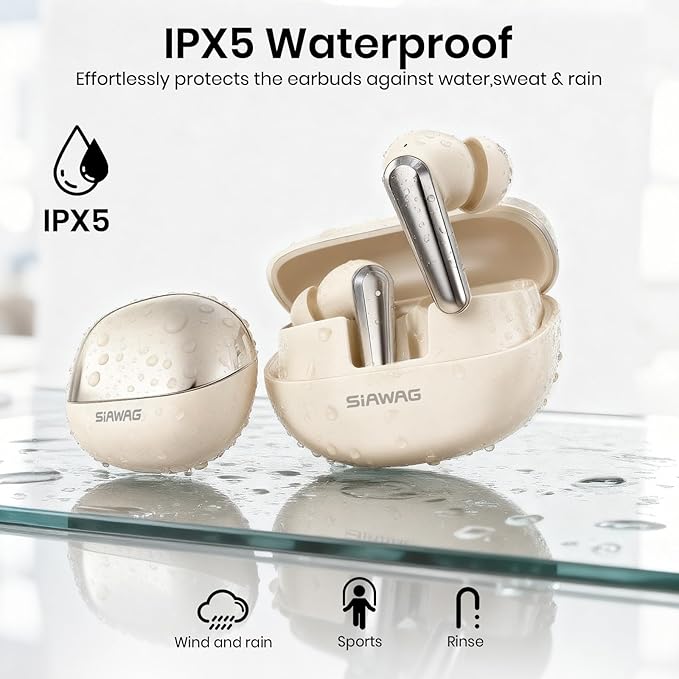 Wireless Earbuds Bluetooth 5.4 Light Weight in Ear Earphones 10mm Drivers with Powerful Bass IPX5 Waterproof Headphones 60H Long Playtime Bluetooth Headphones ANC ENC Noise Cancelling Khaki