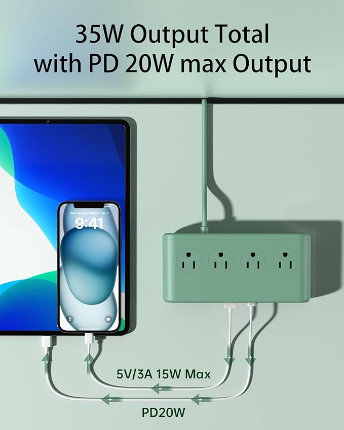 Power Strip with USB Ports 35W, 4 AC Outlets Surge Protector 2500J, 6 Ports PD USB Charger Station, 4.9ft Extension Cord for Home/Office/Travelling Essentials