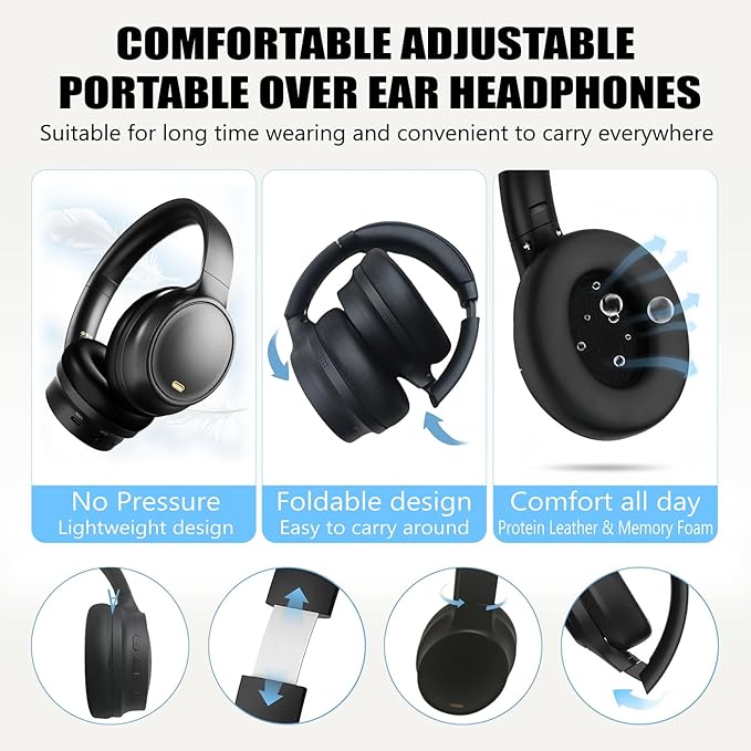 OYEALEX Active Noise Cancelling Headphones,Over Ear Bluetooth Headphones with Microphone,HiFi Stereo Deep Bass,Foldable Lightweight Headsets,Long ANC Playtime for Home Office Cellphone PC Travel-Black