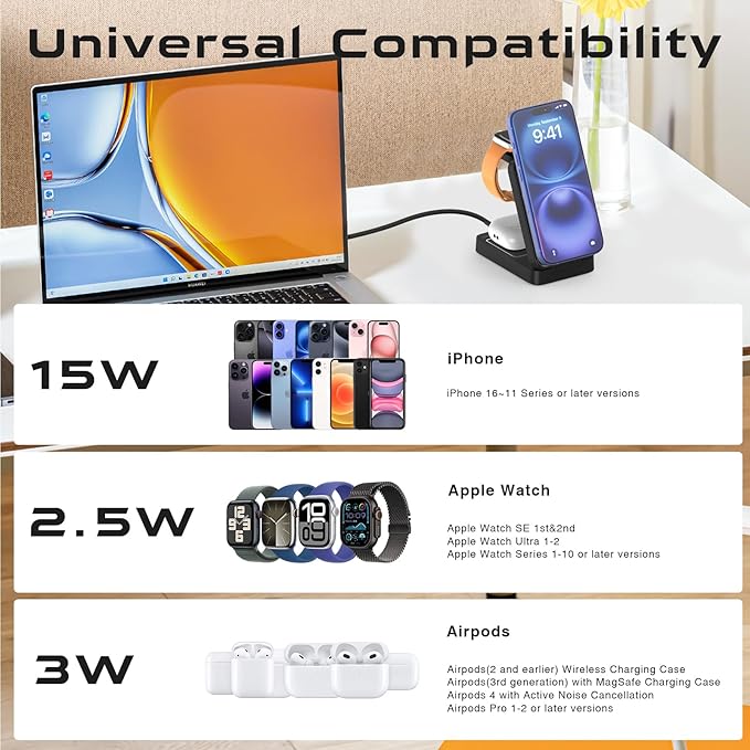 3 in 1 Wireless Charger Station for Multiple Apple Devices,Portable Magnetic Charging Foldable Stand for iPhone 16 15 14 13 12 11 ProMax/Airpods/Fast Travel Charger with MagSafe for Apple Watch Series