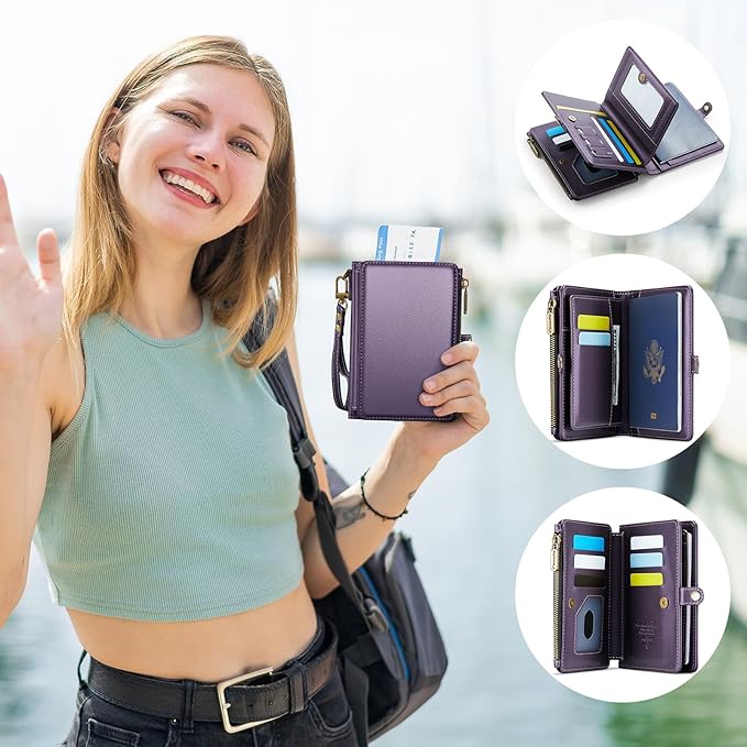 Passport Holder Wallet Bag with AirTag Holder, 11 Card Slots and Passport Solt Cash Solt Photo Solt Zipper Pocket, RFID Blocking Wristlet Strap.Purple