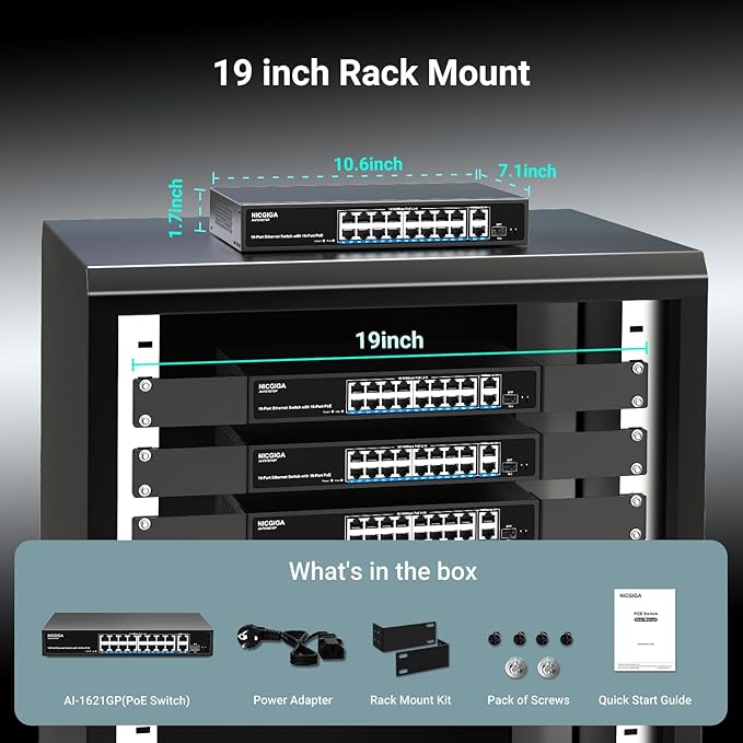 16 Port PoE Switch Unmanaged, 16 Port PoE+@250W, 2 Gigabit Uplink Ports, 1 SFP Port, NICGIGA 19 Port Network Power Over Ethernet Switch, VLAN Mode, AI Watchdog 19 inch RackMount, Plug and Play.