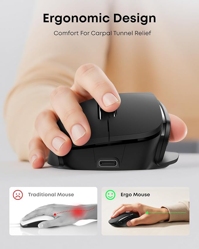 Ergonomic Rechargeable Mouse with Jiggler, Bluetooth+2.4G Wireless+Wired(3 in 1) Connection, Max 4800DPI, Rapid Fire Key, 5ft Charging Cable, Carpal Tunnel Silent Mice with LED for Office,Gaming