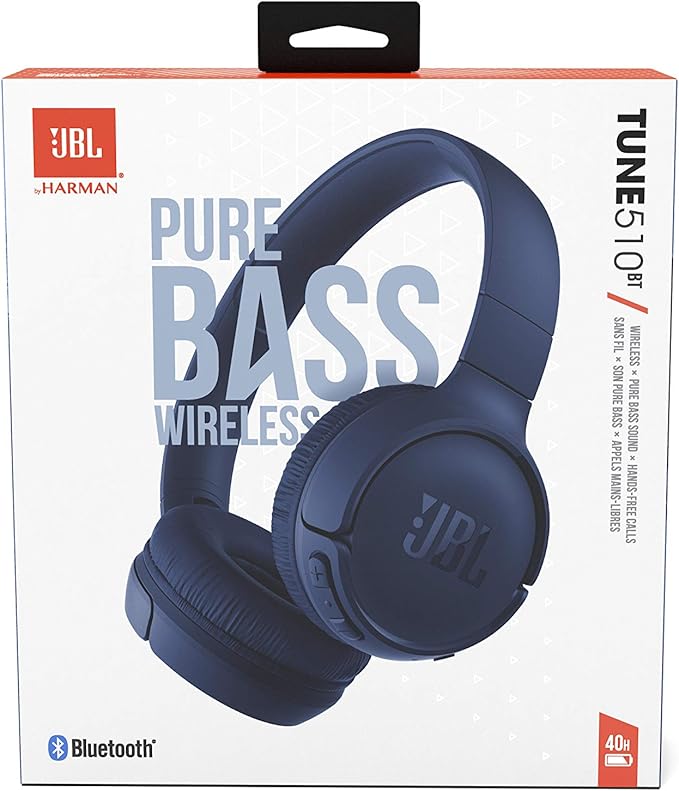 JBL Tune 510BT - Bluetooth headphones with up to 40 hours battery, microphone for call, foldable and comfortable, Android and iOs compatible (Blue)