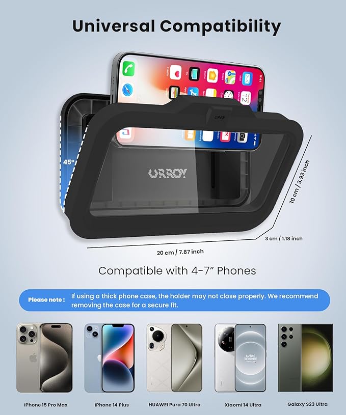 URROY Shower Phone Holder Waterproof One-Touch Open Shower Phone Case Anti-Fog & Sensitive Touchscreen Bathroom Wall Phone Mount Stand Universal Fit for iPhone & Smartphones Gift for Men Women Black