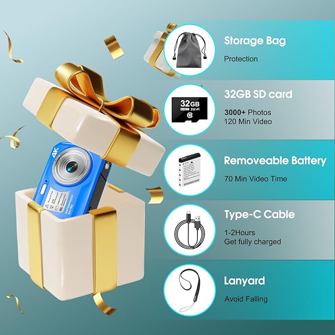 4K Underwater Camera, 64MP 16FT Waterproof Digital Camera with 32GB Card, Autofocus Floatable Waterproof Camera with IPS HD Screen, 16X Digital Zoom, Fill Light, for Snorkeling, Surfing, Swimming