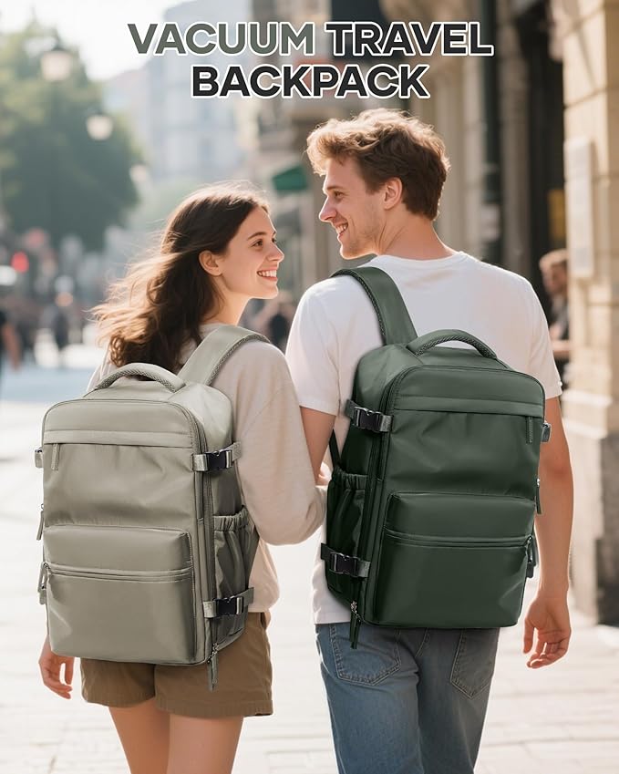 Vacuum Travel Backpack with Pump for Women,Personal Item Carry on Backpacks Flight Approved 18x14x8 inches for Men,Laptop Waterproof Work Compression bags Casual Daypack Green