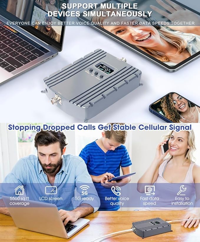 Cell Phone Booster for Home & Office,Up to 5500Sq Ft,Cell Phone Signal Booster for Band 2/25 / 4/66 / 5/12 / 17/13 with All U.S. Carriers,Boosts 5G 4G LTE, FCC Approved Cell Booster
