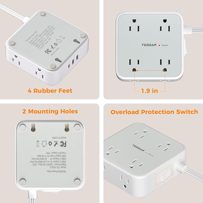 Surge Protector Power Strip, TESSAN 5 Ft Flat Plug Extension Cord with Multiple Outlets, 3 USB (1 USB C PD 20W), 8 Outlets, 900J Surge Protection, for Home, Office, Dorm Room Essentials, 1250W