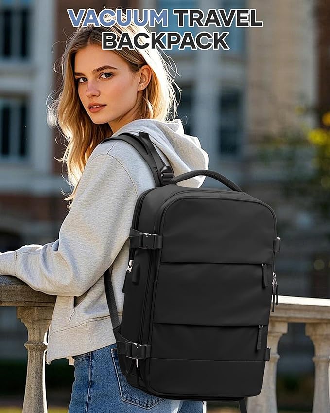 Vacuum Travel Backpack with Pump Women,Personal Item Carry on Backpacks Flight Approved 18x14x8 inches Men,Laptop Waterproof Work Compression bags Casual Daypack Mochila de Viaje Compresion al Black