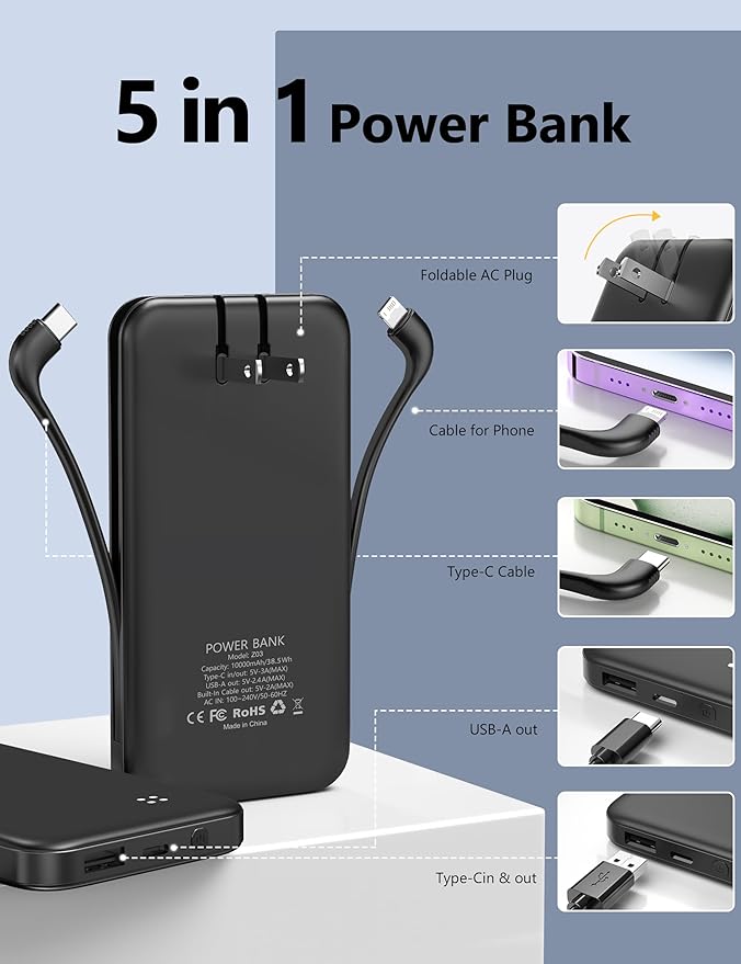 Alongza Portable Charger Built-in Cables and AC Wall Plug, Slim Fast Charging Power Bank 10000mAh, Lightweight USB C External Battery Pack Compact Travel Cell Phone Charger