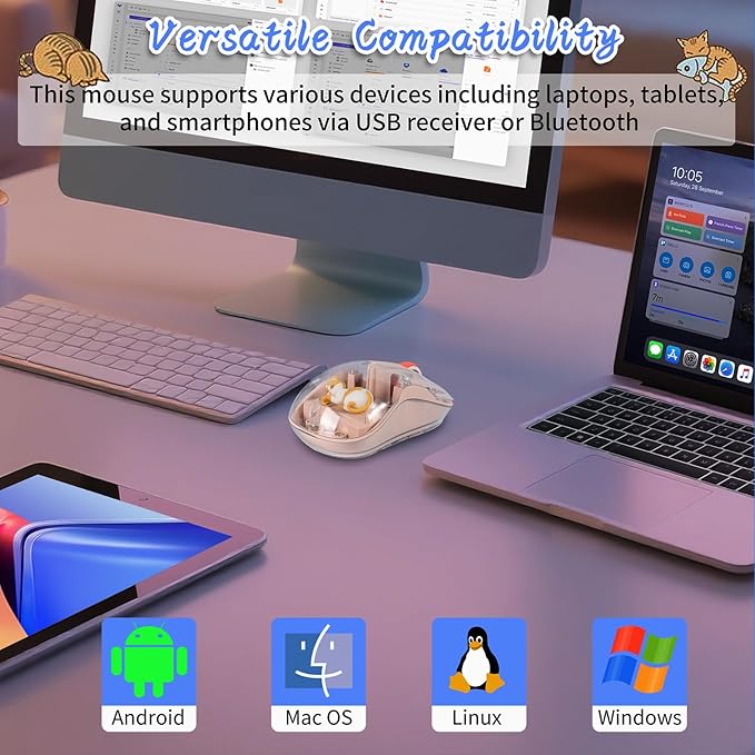 Cute Wireless USB C Mouse - Bluetooth Triple Mode Rechargeable Cartoon Mouse for Laptops, iPads & MacBook Air/Pro - Silent Operation, Portable Design, Unique Magnetic Character (Milk tea color)