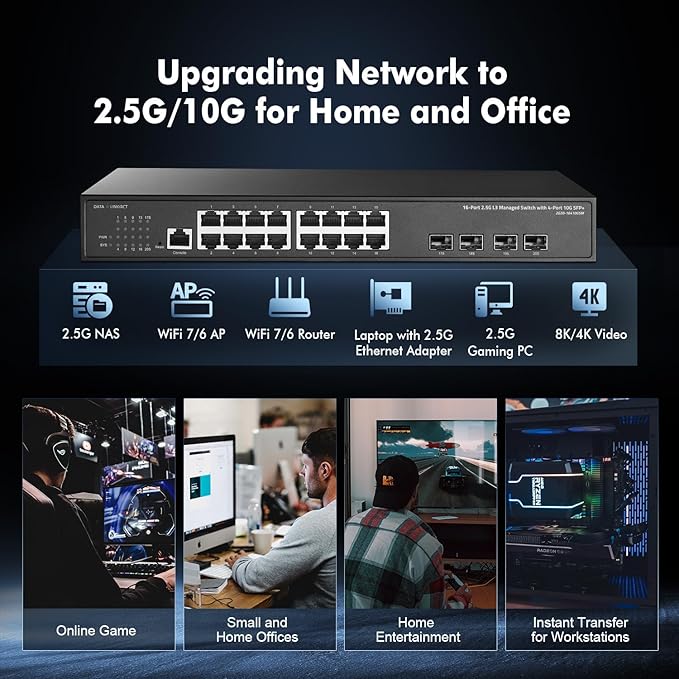 Binardat 20 Port 2.5G Web Managed Switch, 16x2.5G Ethernet, 4x10 Gigabit SFP Ports, Web/CLI L3 Managed, Metal Multi-Gigabit Desktop/Rackmount Network Switch