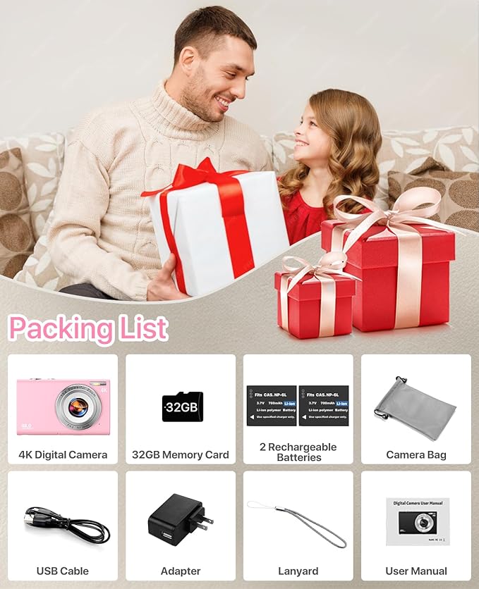 Digital Camera, 4K Vlogging Camera for YouTube Autofocus Cameras for Photography with 16X Digital Zoom, 48MP Compact Point and Shoot Digital Camera for Teens Adult with 32GB SD Card, 2 Batteries-Pink