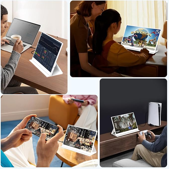 QAF 15.6 Inch Portable Monitor for Laptop, FHD 1080P USB-C HDMI 100% sRGB HDR IPS Display, Ultra-Thin Travel Second Screen Compatible with Laptop Mac PC Phone PS5 Xbo Switch, Built-in Speakers (White)