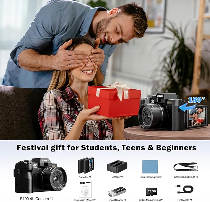 Digital Camera for Photography,TURE 4K&48MP,WiFi, 16X Zoom Autofocus, Anti-Shake, 3" 180° Flip Screen, Vlogging Camera for YouTube Travel,Point and Shoot Camara with 32GB TF Card (2 Batteries)