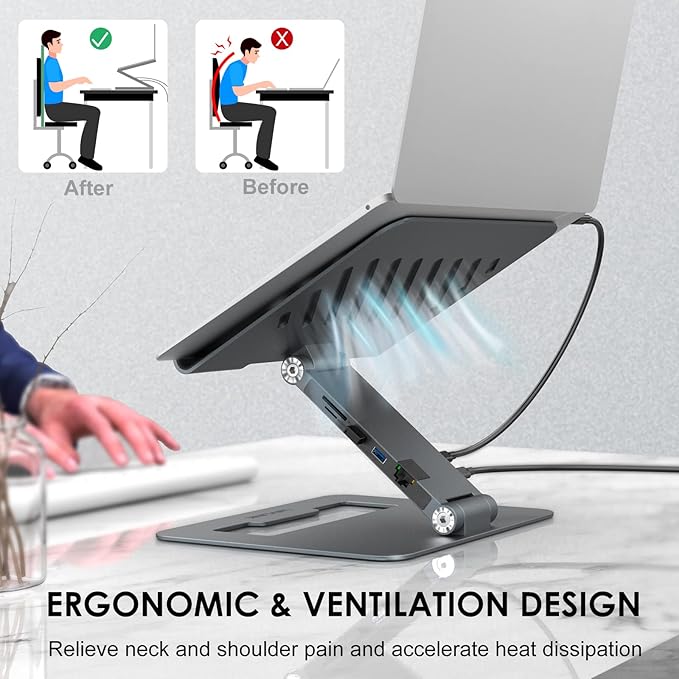 WAVLINK Adjustable Aluminum Laptop Stand with USB C Dock, Ergonomic Portable Computer Riser for MacBook, Windows, 10"-17" Notebook and Tablet(2HDMI,PD3.0,SD/TF,RJ45 Ethernet,2USB 3.0 Ports)