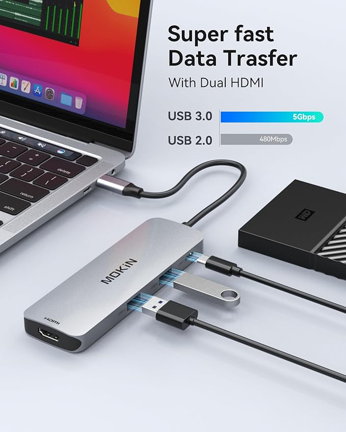MOKiN USB C Docking Station Dual Monitor, USB C to Dual HDMI Adapter, 8 in 1 Laptop Docking Station with 2 HDMI(4K @60Hz), PD Charging, USB A&C 3.0 Ports, SD/TF for Dell/HP/Lenovo/Surface/Yoga etc