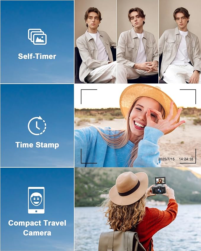 4K Digital Camera for Photography, WiFi 64MP Autofocus Vlogging Camera for YouTube, 3" 180° Flip Screen, 16X Zoom Antishake Compact Point and Shoot Travel Cameras with 32GB SD Card, 2 Batteries, Black