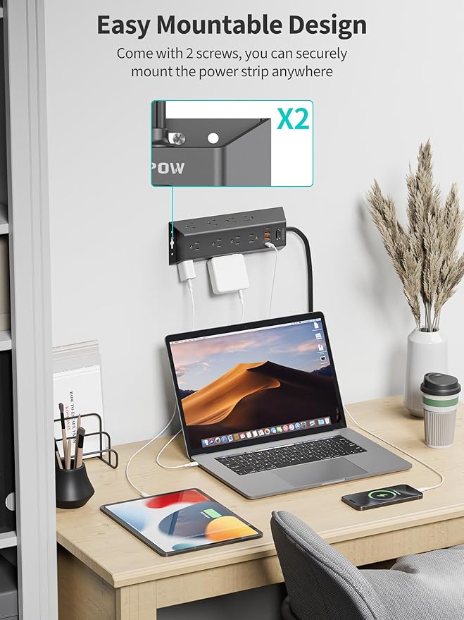 12 Outlets Surge Protector Power Strip, HOPOW 5FT Flat Plug Extension Cord with 12 AC Outlets & 4 USB Ports (2 USB C), 1700 Joules, Desk Charging Station for Home Office Room, Black